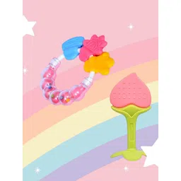 Joy Buzz Kids Set Of 2 Peach Colored & Pink Baby Rattle & Stand Teether-picture-35