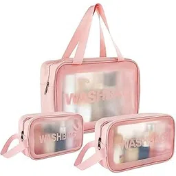 JRT Clear washbag Pouch Set of 3 || Clear Pouch for Makeup and wash Bag || Travel Waterproof Cosmetic Bag, Storage Organiser and Toiletry kit (Pink)-picture-22