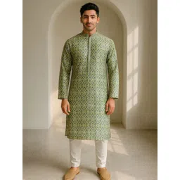 JUGG JUGG JEEYO Men Woven Design Mandarin Collar Thread Work Kurta-picture-17
