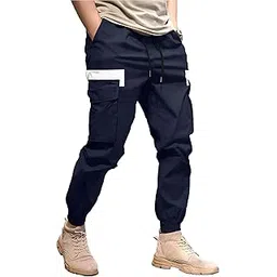 jump cuts Mens Colorblock Side Flap Pocket Navy and White Polyester Slim Fit Cargo Pant-picture-47