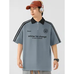 JUMPCUTS Men Typography Printed Polo Collar Drop-Shoulder Sleeves T-shirt-picture-18