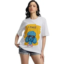 juneberry 100% Pure Cotton Oversized Fit White Round Neck T-Shirt for Women & Girls (Sassy Front Latest Graphic Printed, Loose Baggy Fit, Half Sleeve, Trendy Drop Shoulder)-picture-22
