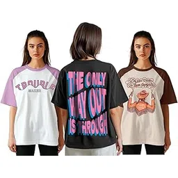 juneberry 100% Pure Cotton Oversized Loose Fit Boyfriend Half Sleeve Cool Front & Back Graphic Printed Round Neck T-Shirt Combo for Women (Pack of 3)-picture-31