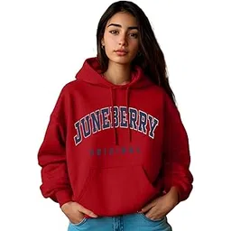 juneberry Fleece Oversized Baggy Fit Hooded Sweatshirt Drop Shoulder Typographic Logo Printed Full Sleeve Hoodie for Women (Availabe Colors: Copper Tan, Rust & Red)-picture-13