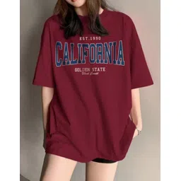 juneberry Oversized Women Printed, Typography Round Neck Pure Cotton Maroon T-Shirt-picture-11