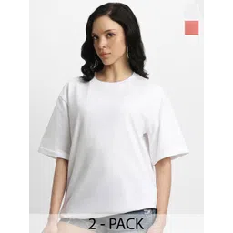 JUNEBERRY Pack Of 2 Pure Cotton Drop-Shoulder Sleeves Oversized Casual T-shirts-picture-24