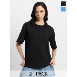JUNEBERRY  Pack Of 2 Pure Cotton Drop-Shoulder Sleeves Oversized Pockets T-shirts-picture-32