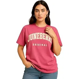 juneberry Pure Cotton Oversized Drop Shoulder Brand Logo Typography Print Round-Neck Baggy Fit T-Shirt for Women (Available in Navy, Green & Pink Colors)-picture-12