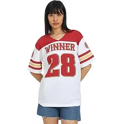 juneberry Pure Cotton White & Red Oversized Baggy Fit V-Neck Jersey Front Printed Half Sleeve T-Shirt for Women-picture-50