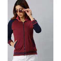 JUNEBERRY Women Maroon Solid Hooded Varsity Jacket image 1