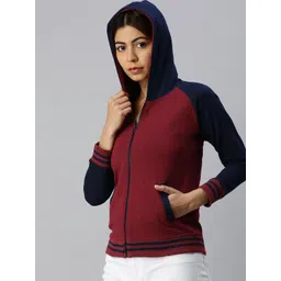 JUNEBERRY Women Maroon Solid Hooded Varsity Jacket image 4