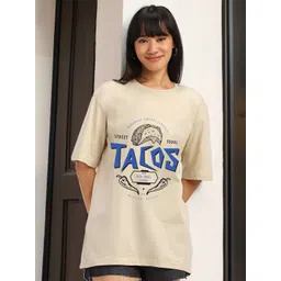 JUNEBERRY Women Typography Printed Round Neck Pure Cotton Oversized T-shirt-picture-39