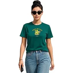 juneberry Women’s Regular Fit Printed Tee – 100% Pure Cotton, Round Neck, Half Sleeve Graphic T-Shirt for Daily Use (Colors: Red, Brown, Green & Future Dusk)-picture-12