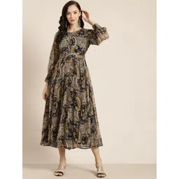 Juniper Black & Beige Chiffon Fit & Flare Dress-picture-15