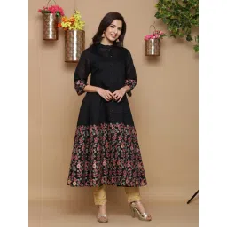 Juniper Black Chanderi Floral Printed Anarkali Women Kurta With Buttons-picture-29
