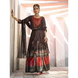 Juniper Black Ethnic Motif Printed Dull Satin Lehenga Choli & Net Dupatta Set-picture-28
