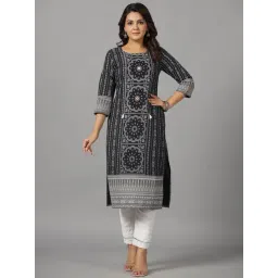 Juniper Black Ethnic Motif Printed Rayon Slub Kurta With Beads & Sequins Work-picture-23