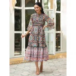 Juniper Black Geometric Printed Chiffon Tiered Maxi Dress With Buttons-picture-22