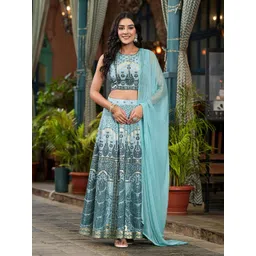 Juniper Blue Printed Sequinned Satin Ready to Wear Lehenga & Blouse With Dupatta-picture-24