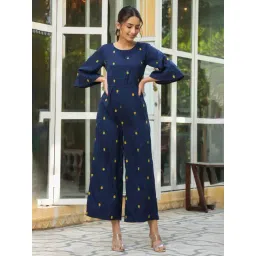 Juniper Dark Blue Quirky Printed Poly Crepe Jumpsuit With Thread Work Embroidery-picture-17
