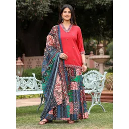 Juniper Ethnic Motifs Embroidered Regular Straight Liva Kurti with Sharara & Dupatta-picture-25