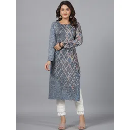 Juniper Geometric Printed Keyhole Neck Sequinned Straight Kurta-picture-23