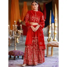 Juniper Maroon Ethnic Motif Printed Velvet Lehenga Choli & Dupatta Set-picture-18