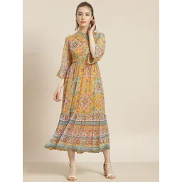 Juniper Mustard Yellow & Blue Ethnic Motifs Printed Tiered A-Line Dress-picture-20