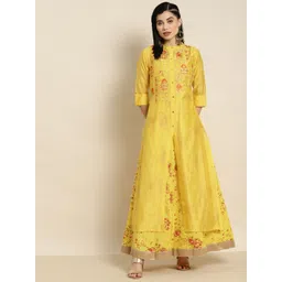 Juniper Mustard Yellow Embroidered Chanderi Silk Layered Maxi Ethnic Dress-picture-14