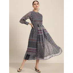 Juniper Navy Blue & Multicoloured Ethnic Motifs Chiffon Midi Dress-picture-14