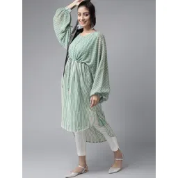 Juniper Sage Green Stripes Printed Georgette High-Low Tunic & Inner With Drawstring At Waist-picture-48