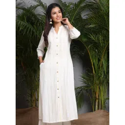 Juniper White Solid Cotton Dobby A-Line Kurta With Buttons-picture-34