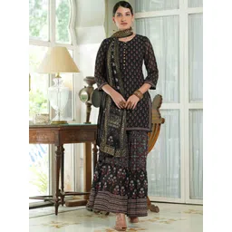 Juniper Women Black Ethnic Motifs Printed Pleated Kurti with Sharara & With Dupatta-picture-10