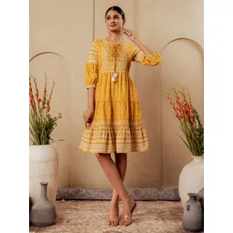 Juniper Women Floral Embroidered Toe Up Neck Puff Sleeves Fit & Flare Dress-picture-16