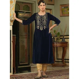 Juniper Women Navy Blue Ethnic Motifs Embroidered Thread Work Velvet Kurta-picture-25