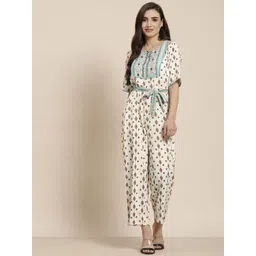Juniper Women Off White & Orange Keyhole Neck Printed Basic Jumpsuit with Waist Tie-Ups-picture-25
