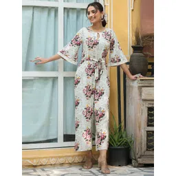 Juniper Women Off White & Pink Floral Print Basic Jumpsuit-picture-21