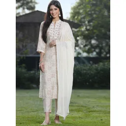 Juniper Women Off White Printed Thread Work Kurta with Trousers & Dupatta-picture-18