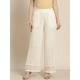 Juniper Women Off White Schiffli Geometric Embroidered Flared Rayon Ethnic Palazzos-picture-17