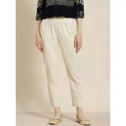 Juniper Women Off White Striped Smart Slim Fit Cropped Cigerette Trousers-picture-24