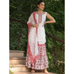 Juniper Women White & Maroon Foil Printed Kurta with Sharara & Dupatta-picture-10