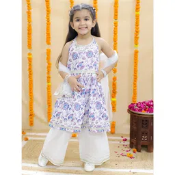 Junitos 100% Cotton Woven Sleeveless Floral Printed Gota Lace Embellished Kurta Sharara With Dupatta - Purple-image-12