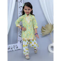 Junitos 100% Cotton Woven Three Fourth Sleeves Leaves Printed & Gota Lace Embellished Kurti & Salwar Set - Yellow-image-46