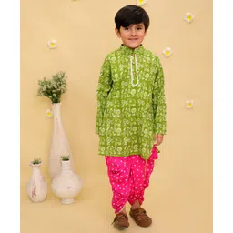Junitos Cotton Woven Full Sleeves Baby Animals Printed Gota Lace Embellished Kurta Dhoti Set - Green-image-5