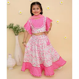 Junitos Cotton Woven Half Flutter Sleeves Floral Printed & Gota Lace Embellished Lehenga Choli With Dupatta Set - Pink-image-4