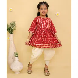 Junitos Cotton Woven Three Fourth Sleeves Fishes Printed Gota Lace Embellished Kurti Dhoti Set - Maroon-image-31