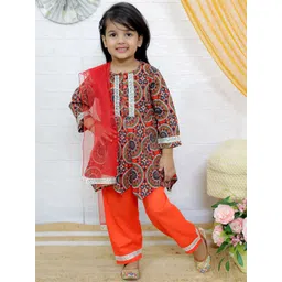 JUNITOS Girls Ethnic Motifs Printed Gotta Patti Pure Cotton Kurti with Sharara & Dupatta-picture-31