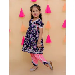 JUNITOS Girls Floral Printed Angrakha Pure Cotton A-Line Kurti with Dhoti Pants image 4
