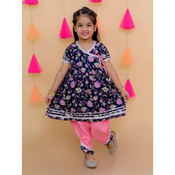 JUNITOS Girls Floral Printed Angrakha Pure Cotton A-Line Kurti with Dhoti Pants image 1
