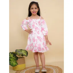 JUNITOS Girls Floral Printed Shoulder Straps Puff Sleeve A-Line Dress-picture-31